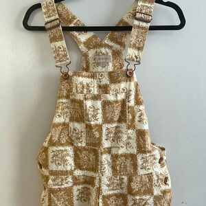 Backcountry Brixton Yellow Tan Checked Floral Overalls Dungarees